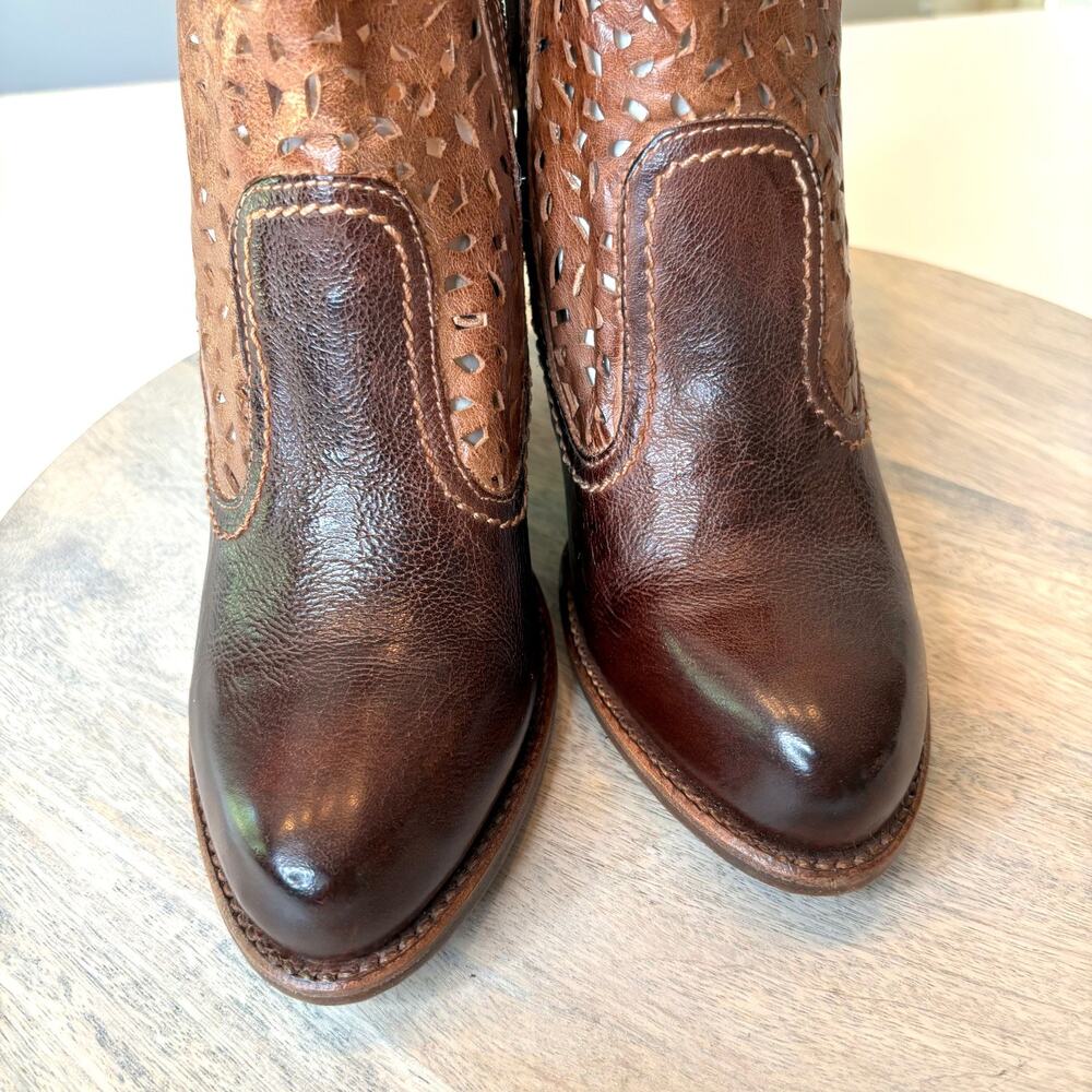 Bed Stu Perforated Leather Ankle Boots Laser Cut Stacked Heel Rustic Women's 8.5 - Picture 6 of 13